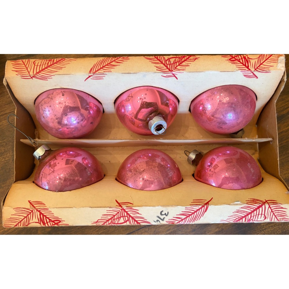 Vintage Brite Star Pink Mercury Glass Christmas Ornaments Set of 6 Original Box